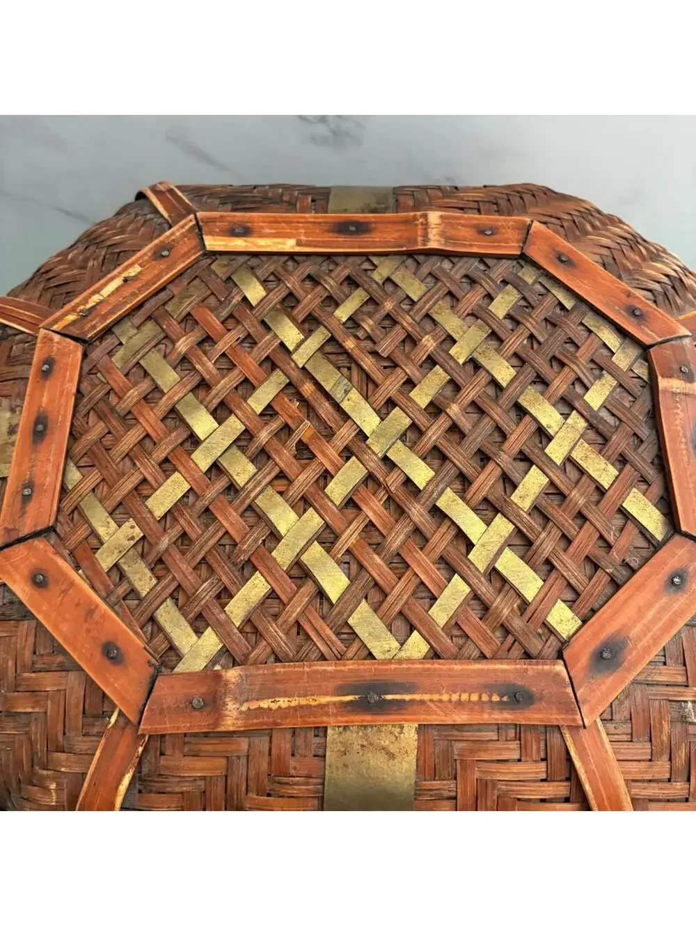 Vintage Octagonal Woven Bamboo Storage Box Basket Chest Brass Latch Asian Decor